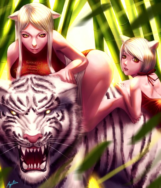Anime picture 3000x3500 with regition long hair tall image looking at viewer fringe highres short hair open mouth light erotic blonde hair multiple girls animal ears yellow eyes barefoot lips cat ears teeth fang (fangs) legs animal eyes