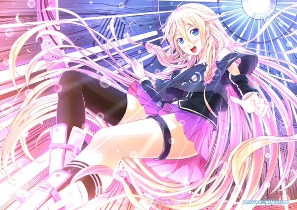 Anime picture 2046x1446 with vocaloid ia (vocaloid) kazeno long hair blush highres open mouth blue eyes blonde hair braid (braids) girl thighhighs skirt black thighhighs miniskirt pink skirt