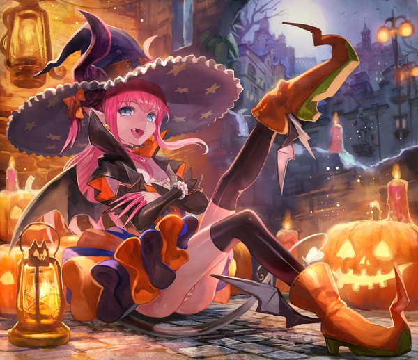 Anime picture 2000x1729 with fate (series) fate/grand order elizabeth bathory (fate) (all) elizabeth bathory (halloween caster) (fate) lack single long hair looking at viewer fringe highres open mouth blue eyes light erotic smile sitting bent knee (knees) tail horn (horns) pointy ears night
