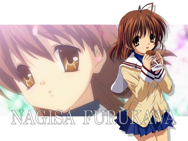 Anime picture 1024x768 with clannad key (studio) furukawa nagisa looking at viewer short hair open mouth brown hair brown eyes character names multiview girl food bread melon bread
