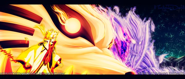 Anime picture 1600x687 with naruto studio pierrot naruto (series) uzumaki naruto uchiha sasuke kurama (kyuubi) iitheyahikodarkii short hair open mouth blonde hair wide image yellow eyes purple hair night night sky coloring magic facial mark glowing letterboxed