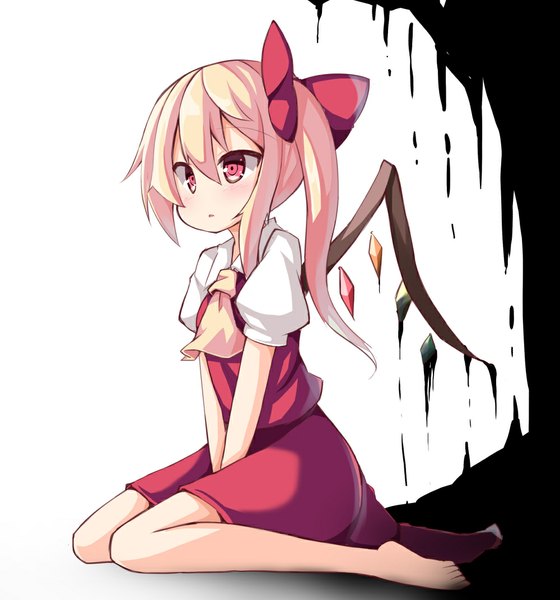 Anime picture 1000x1071 with touhou flandre scarlet ominaeshi (takenoko) single long hair tall image short hair open mouth simple background blonde hair white background sitting pink eyes bare legs short sleeves no hat single wing gloom girl dress