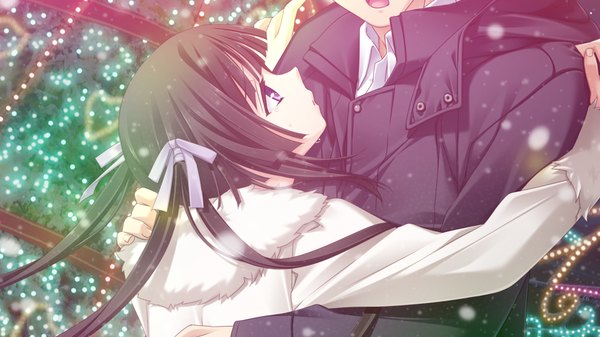 Anime picture 1280x720 with hotch kiss giga sumiyoshi nana mikoto akemi long hair black hair wide image purple eyes twintails game cg hug snowing winter girl ribbon (ribbons) hair ribbon jacket