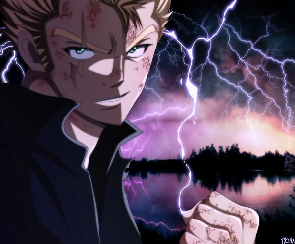 Anime picture 1781x1481 with fairy tail laxus dreyar futuretabs single highres short hair blonde hair green eyes cloud (clouds) coloring magic scar lightning electricity lake boy plant (plants) tree (trees) cloak fist