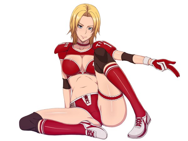 Anime picture 1071x800 with dead or alive tina armstrong hayate (leaf98k) single looking at viewer short hair blue eyes light erotic simple background blonde hair white background sitting light smile spread legs girl gloves navel uniform gym uniform multicolored gloves