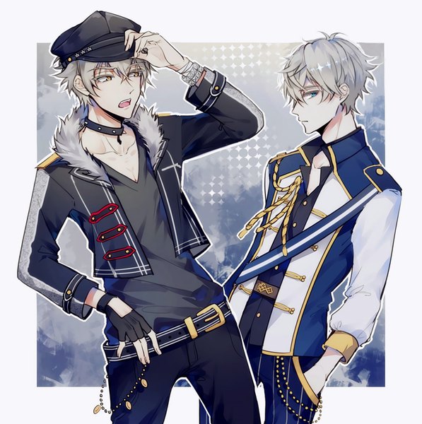 Anime picture 800x805 with ensemble stars! sena izumi (ensemble stars!) oogami koga kurasaki ken tall image fringe short hair open mouth blue eyes hair between eyes yellow eyes silver hair profile multiple boys adjusting hat hands in pockets boy gloves hat choker