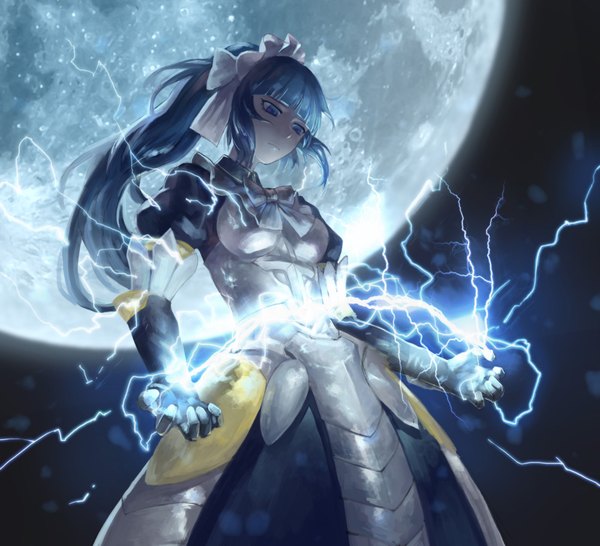 Anime picture 2000x1820 with overlord (maruyama) madhouse narberal gamma azomo single long hair fringe highres breasts blue eyes payot blue hair ponytail blunt bangs night maid looking down lightning girl headdress