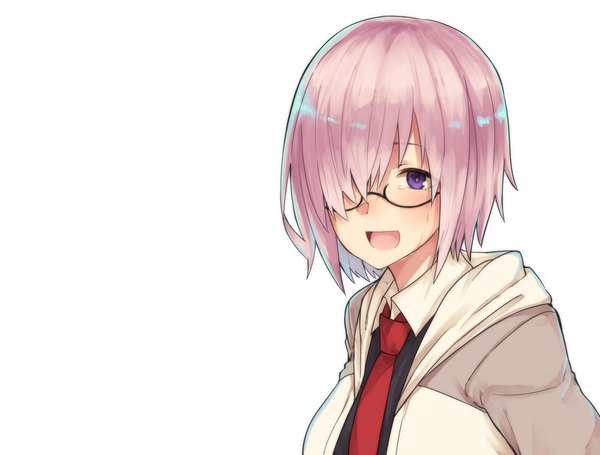 Anime picture 2344x1780 with fate (series) fate/grand order mash kyrielight tsukamoto minori single looking at viewer blush fringe highres short hair open mouth simple background smile white background purple eyes purple hair upper body :d hair over one eye tears