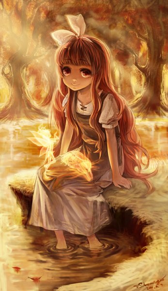 Anime picture 685x1185 with original silverwing single long hair tall image looking at viewer smile brown hair sitting brown eyes barefoot river fairy girl dress bow plant (plants) hair bow tree (trees) leaf (leaves)