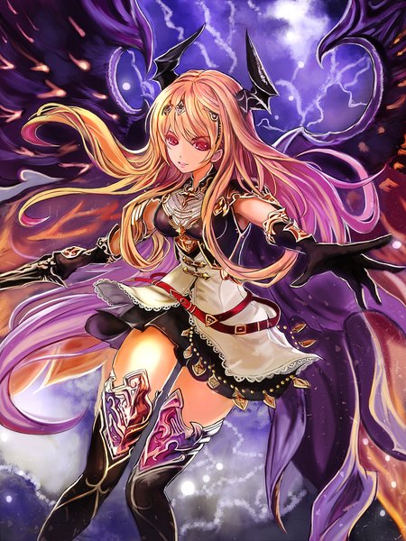 Anime picture 1500x2000 with shingeki no bahamut dark angel olivia tachikawa mushimaro (bimo) oekaki gakusyuu single long hair tall image looking at viewer breasts blonde hair smile red eyes standing pink hair sky cloud (clouds) multicolored hair horn (horns) thighs outstretched arm
