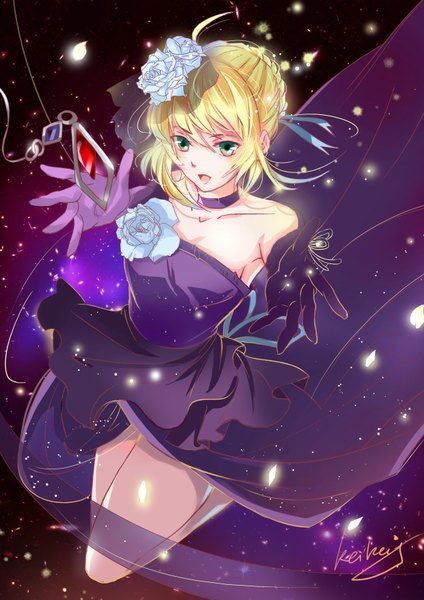 Anime picture 2480x3508 with fate (series) fate/stay night artoria pendragon (all) saber keikaj single long hair tall image fringe highres open mouth blonde hair hair between eyes bare shoulders green eyes signed payot looking away ahoge bent knee (knees)