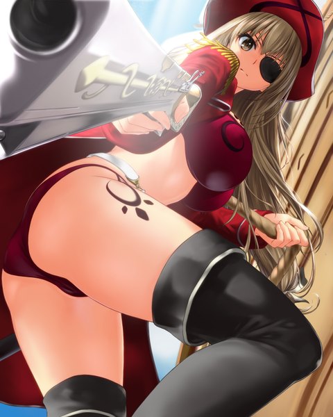 Anime picture 1280x1600 with amagi brilliant park kyoto animation sento isuzu shisshou senkoku single long hair tall image looking at viewer fringe breasts light erotic brown hair large breasts brown eyes bent knee (knees) sunlight bare belly from below tattoo leaning