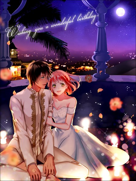 Anime picture 800x1066 with uta no prince-sama a-1 pictures nanami haruka (uta no prince-sama) aijima cecil mitsumi tall image blush short hair blue eyes smile brown hair sitting bare shoulders yellow eyes looking away pink hair profile barefoot aqua eyes wind