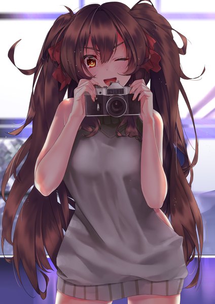 Anime picture 2480x3508 with girls frontline qbz-97 (girls frontline) nishiro ryoujin single long hair tall image blush fringe highres open mouth smile hair between eyes brown hair standing twintails bare shoulders holding brown eyes one eye closed wink