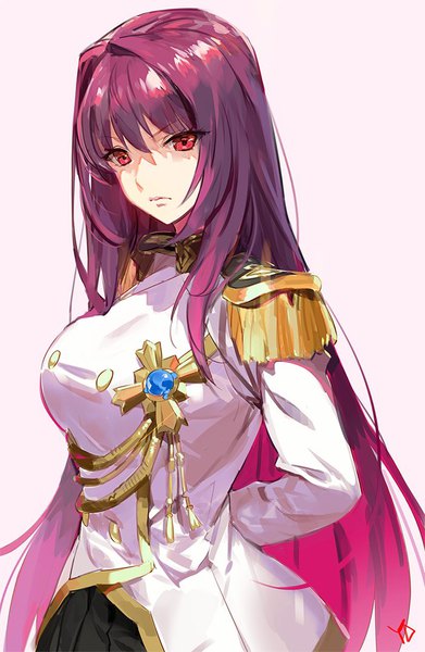 Anime picture 700x1074 with fate (series) fate/grand order fate/extella link scathach (fate) (all) scathach (fate) yd (orange maru) single long hair tall image looking at viewer fringe breasts simple background hair between eyes red eyes large breasts standing signed purple hair upper body