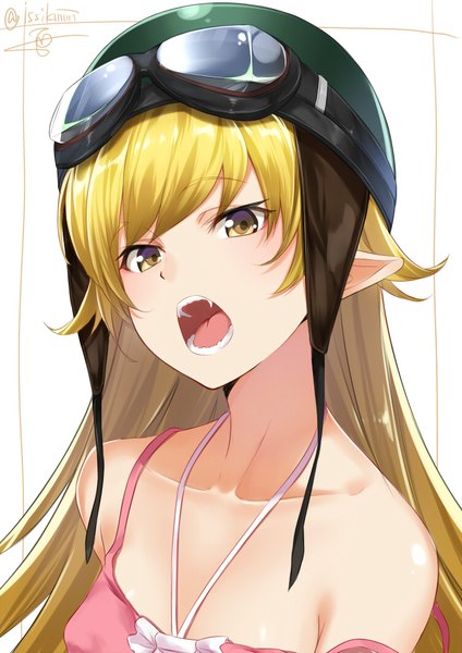 Anime picture 750x1060 with bakemonogatari shaft (studio) monogatari (series) oshino shinobu isshiki (ffmania7) single long hair tall image looking at viewer fringe open mouth simple background blonde hair white background bare shoulders signed yellow eyes upper body head tilt pointy ears