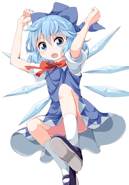 Anime picture 697x1000 with touhou cirno ruu (tksymkw) single tall image blush short hair open mouth blue eyes light erotic simple background white background blue hair looking away arms up convenient censoring jumping girl dress bow