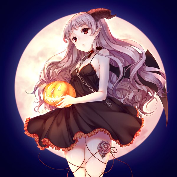 Anime picture 1024x1024 with original itou nanami single long hair red eyes horn (horns) pointy ears grey hair halloween girl dress wings moon chain collar jack-o'-lantern