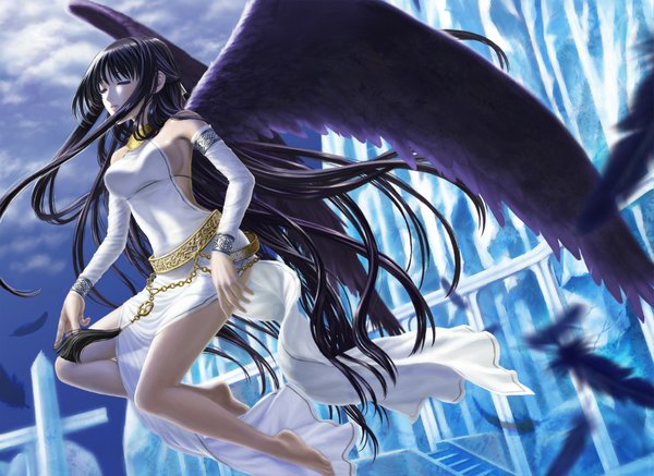 Anime picture 1024x747 with mabinogi morrighan tougami (artist) single long hair black hair eyes closed barefoot girl detached sleeves wings jewelry feather (feathers)
