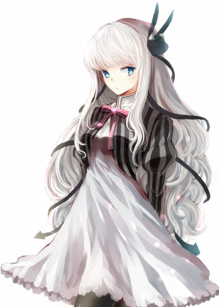 Anime picture 1000x1400 with original tagme (artist) single long hair tall image looking at viewer fringe blue eyes simple background standing white background white hair long sleeves puffy sleeves hands behind back striped girl dress hair ornament pantyhose