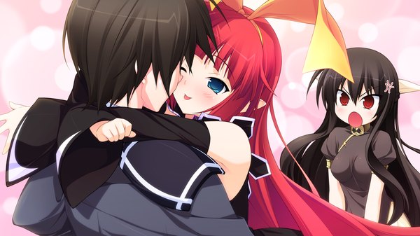 Anime picture 1280x720 with tiny dungeon (game) rosebleu vell sein von term long hair blush open mouth blue eyes black hair red eyes wide image multiple girls game cg red hair hug girl 2 girls detached sleeves