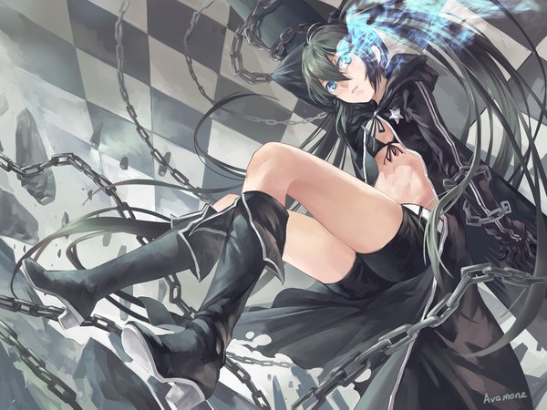 Anime picture 1500x1125 with black rock shooter black rock shooter (character) azomo single long hair fringe blue eyes black hair hair between eyes twintails signed looking away full body glowing glowing eye (eyes) floor checkered girl shorts boots