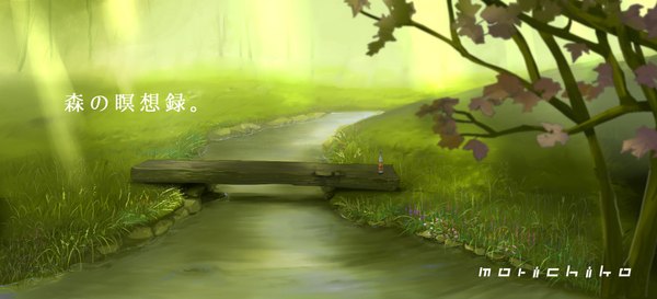 Anime picture 2000x912 with original katagiri highres wide image sunlight hieroglyph landscape plant (plants) water leaf (leaves) grass branch