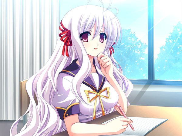 Anime picture 1200x900 with yokoshima!! pandemic (game) long hair red eyes game cg ahoge white hair writing girl serafuku pen