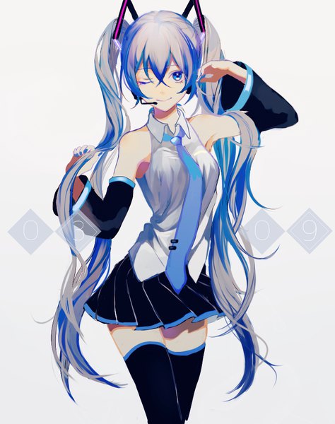 Anime picture 763x965 with vocaloid hatsune miku p2 (uxjzz) single long hair tall image fringe blue eyes simple background smile hair between eyes standing twintails bare shoulders blue hair pleated skirt one eye closed wink grey background wide sleeves