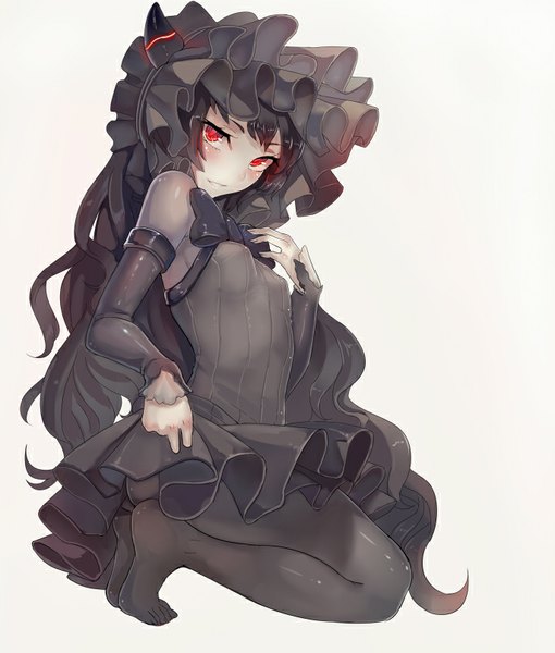 Anime picture 685x806 with kantai collection isolated island hime walzrj single long hair tall image looking at viewer blush light erotic black hair simple background red eyes white background no shoes kneeling lolita fashion shinkaisei-kan girl detached sleeves pantyhose
