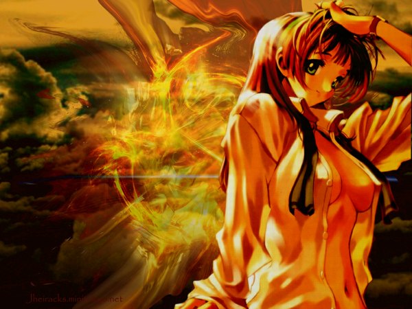 Anime picture 1024x768 with green (game) mizuno makoto (green) light erotic open clothes open shirt orange background