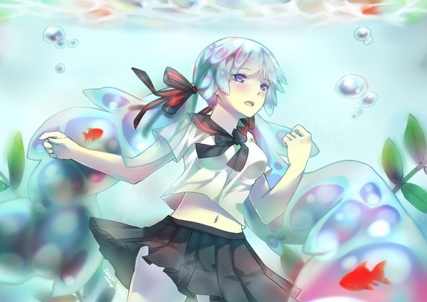 Anime picture 1200x849 with vocaloid hatsune miku bottle miku saphirya single blush open mouth blue eyes twintails signed looking away very long hair low twintails underwater liquid hair girl navel ribbon (ribbons) hair ribbon serafuku