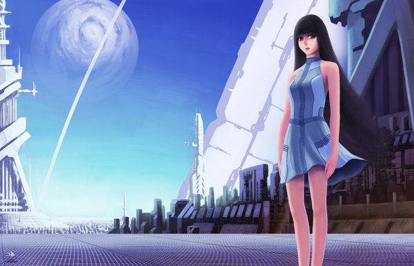 Anime picture 1556x1000 with original darkmuleth single long hair looking at viewer black hair red eyes bare shoulders girl dress planet tower