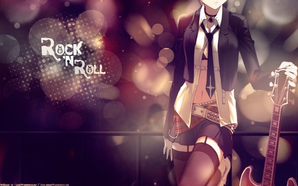 Anime picture 1920x1200 with original uni (plastic girl) highres light erotic wide image open clothes open shirt wallpaper head out of frame music punk skirt underwear necktie lingerie bra jewelry necklace black bra guitar