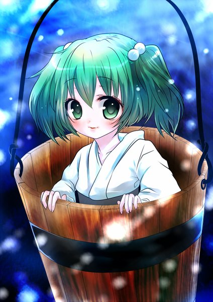 Anime picture 1200x1697 with touhou kisume nekodanukoko single tall image looking at viewer blush short hair smile twintails green eyes green hair short twintails girl hair ornament hair bobbles bucket