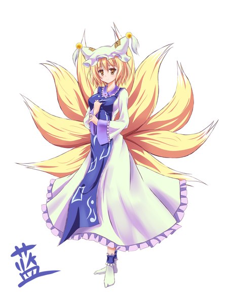 Anime picture 3500x4600 with touhou yakumo ran zi se single tall image highres short hair blonde hair white background animal ears yellow eyes absurdres fox ears fox tail fox girl multiple tails girl dress