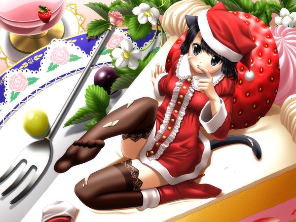 Anime picture 2560x1920 with highres black hair animal ears tail black eyes high heels single shoe thighhighs hat food shoes sweets berry (berries) santa claus hat cake strawberry fork metafalica