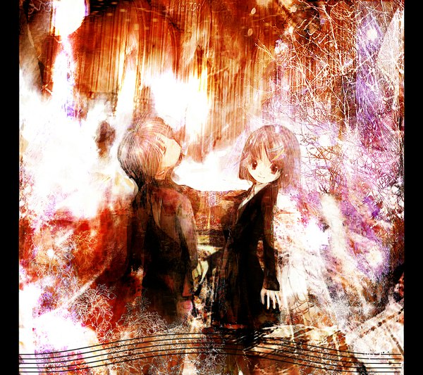 Anime picture 1124x1000 with original 86thunder looking at viewer smile brown hair brown eyes eyes closed from behind holding hands girl boy