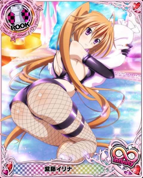Anime picture 640x800 with highschool dxd shidou irina single tall image light erotic brown hair purple eyes twintails ass very long hair hug card (medium) girl gloves pantyhose black gloves elbow gloves shorts pillow short shorts