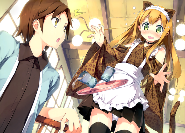 Anime picture 4170x3000 with hentai ouji to warawanai neko j.c. staff azuki azusa yokodera youto kantoku long hair blush highres short hair open mouth light erotic blonde hair brown hair green eyes animal ears yellow eyes looking away absurdres indoors tail