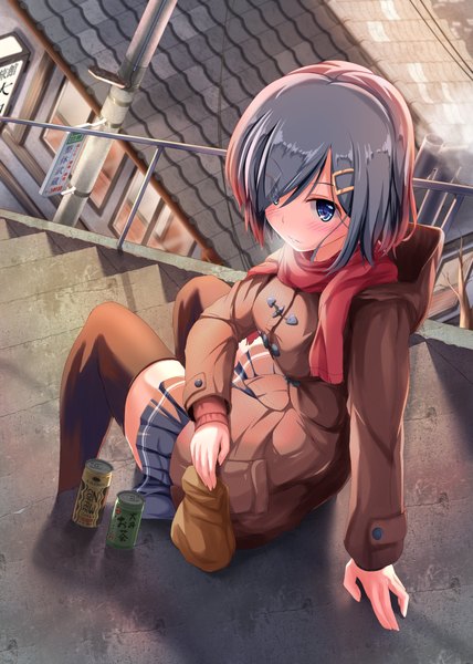 Anime picture 1500x2100 with kantai collection hamakaze destroyer maimu (gol-em-1226) single tall image looking at viewer fringe short hair breasts blue eyes sitting silver hair bent knee (knees) outdoors pleated skirt looking back from above hair over one eye arm support zettai ryouiki