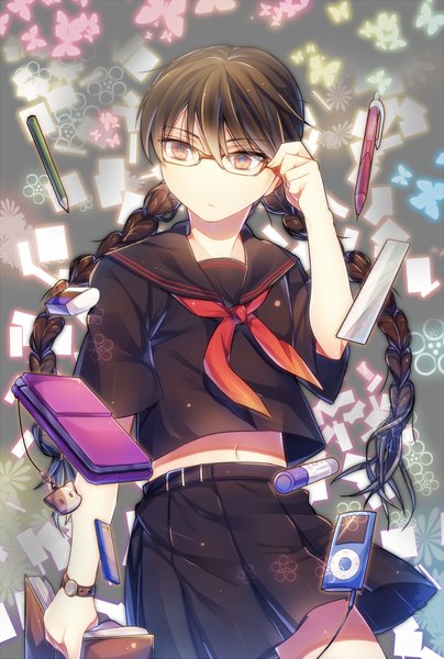 Anime picture 1300x1931 with original mika (artist) single long hair tall image brown hair standing holding brown eyes braid (braids) pleated skirt twin braids glowing adjusting glasses girl skirt navel uniform miniskirt glasses