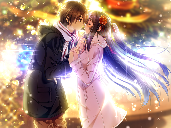 Anime picture 1024x768 with amakano takayashiro sayuki yuuki (amakano) piromizu long hair blush short hair black hair brown hair brown eyes game cg eyes closed profile wind couple holding hands evening christmas winter face to face