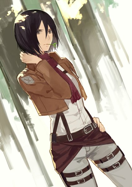 Anime picture 709x1000 with shingeki no kyojin production i.g mikasa ackerman cotta single tall image looking at viewer short hair black hair black eyes open clothes open jacket hand on hip mouth hold girl shirt jacket belt scarf thigh strap