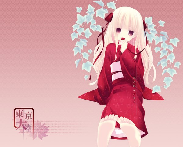 Anime picture 1280x1024 with blonde hair japanese clothes barefoot kimono leaf (leaves)