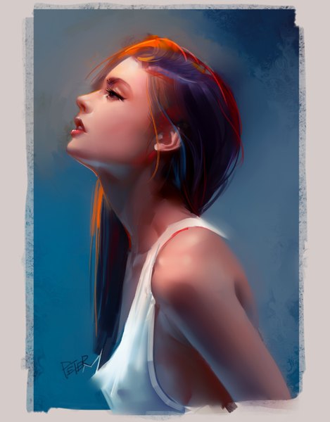 Anime picture 786x1006 with superschool48 single long hair tall image open mouth bare shoulders signed blue hair looking away purple hair red hair parted lips profile multicolored hair lips orange hair realistic border girl
