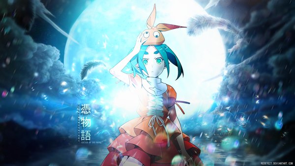 Anime picture 1920x1080 with nisemonogatari shaft (studio) monogatari (series) ononoki yotsugi watanabe akio redeye27 single highres short hair wide image twintails green eyes signed cloud (clouds) wind pointy ears aqua hair wallpaper copyright name short twintails