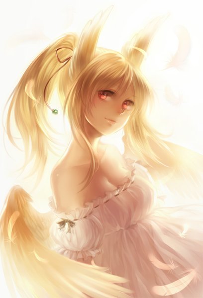 Anime picture 681x1000 with original f-wd single long hair tall image looking at viewer simple background blonde hair red eyes white background bare shoulders ponytail head wings girl dress ribbon (ribbons) hair ribbon wings feather (feathers)