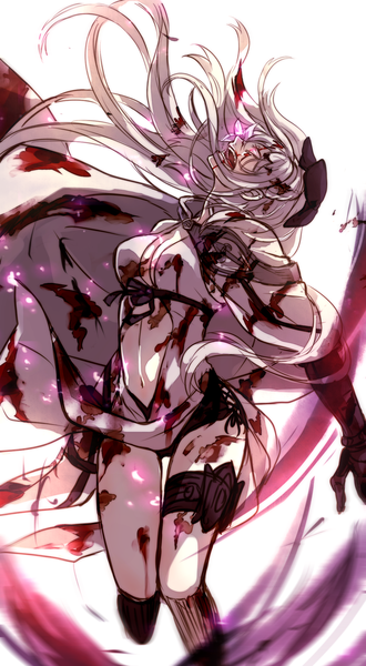 Anime picture 1100x2000 with drakengard zero (drag-on dragoon) roukaku17 single long hair tall image breasts open mouth simple background white background cleavage white hair pink eyes bare belly glowing looking up blood on face bloody clothes girl dress
