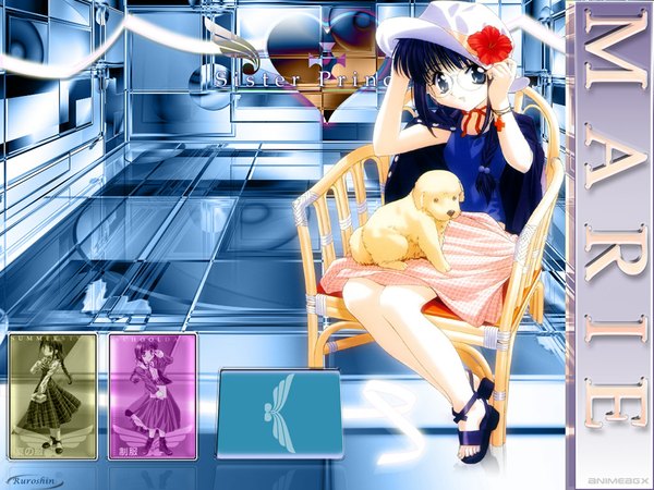 Anime picture 1024x768 with sister princess zexcs marie (sister princess) blue hair braid (braids) wallpaper uniform school uniform hat glasses bracelet jewelry dog